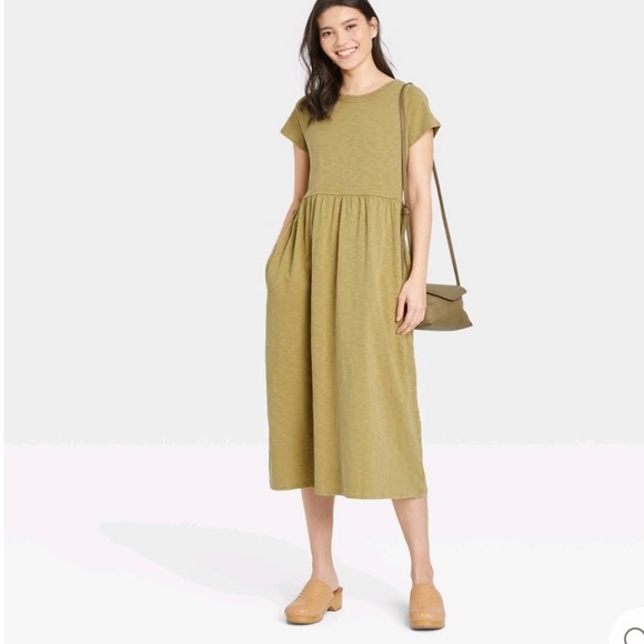 Universal Thread Green Short Sleeve Babydoll Shirt Dress Midi Pockets XL